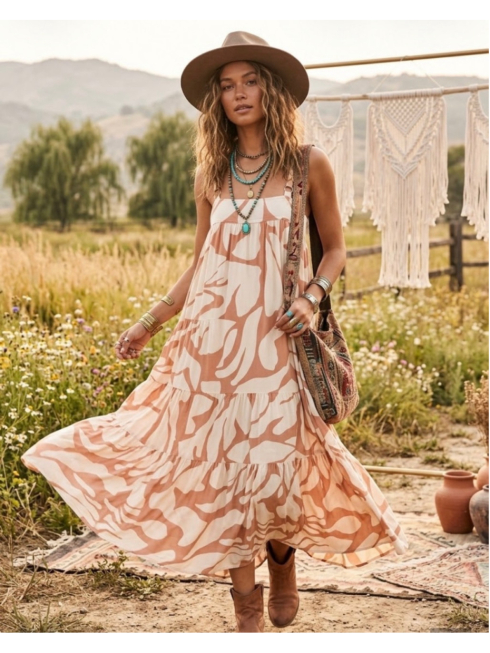 Women's Abel the Label Maxi Dress Size S Beige Brown Abstract Print